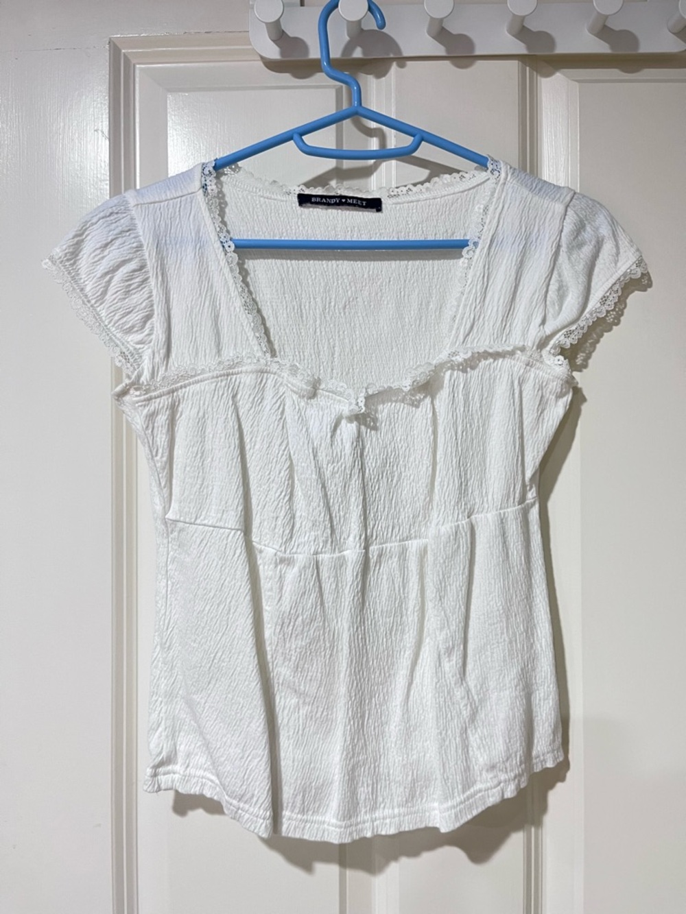 Brandy Melville White Lace-Trim Peasant Top